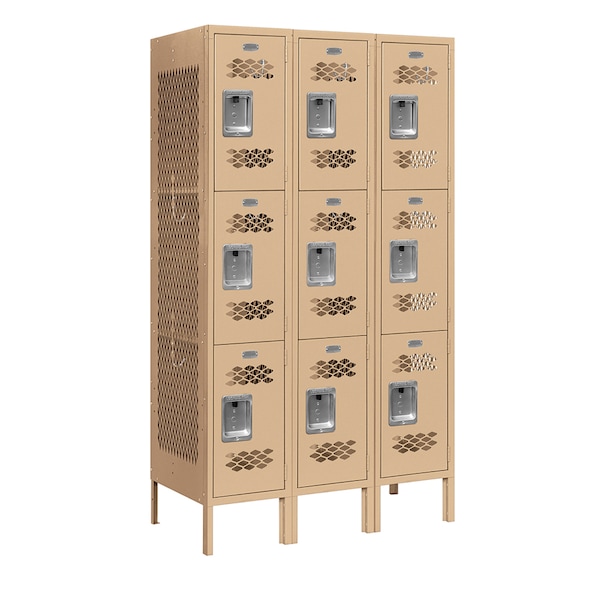 3 Tier Vented Locker, 36"Wx66"Hx18"D, 9 Door, Tan, Unassembled